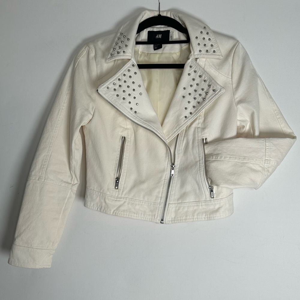 H&M Off-White Studded Moto Jacket, Cotton, Fresh Edge,